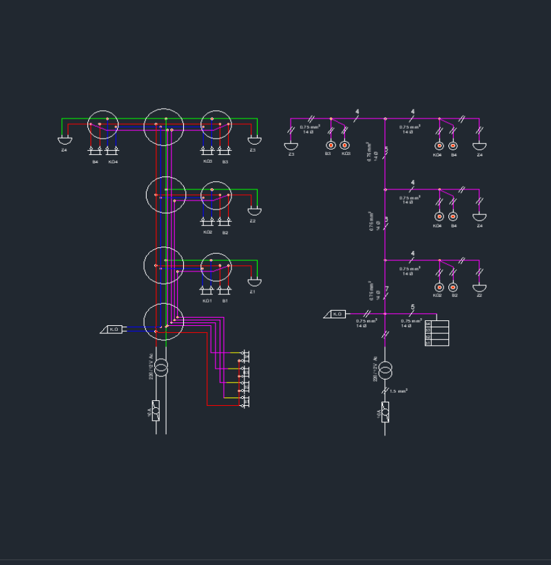3 Kat 4 Daire Aşağıdan Çağırmalı Kapı Otomatığı Zil Tesisatı AutoCAD Çizimi.png