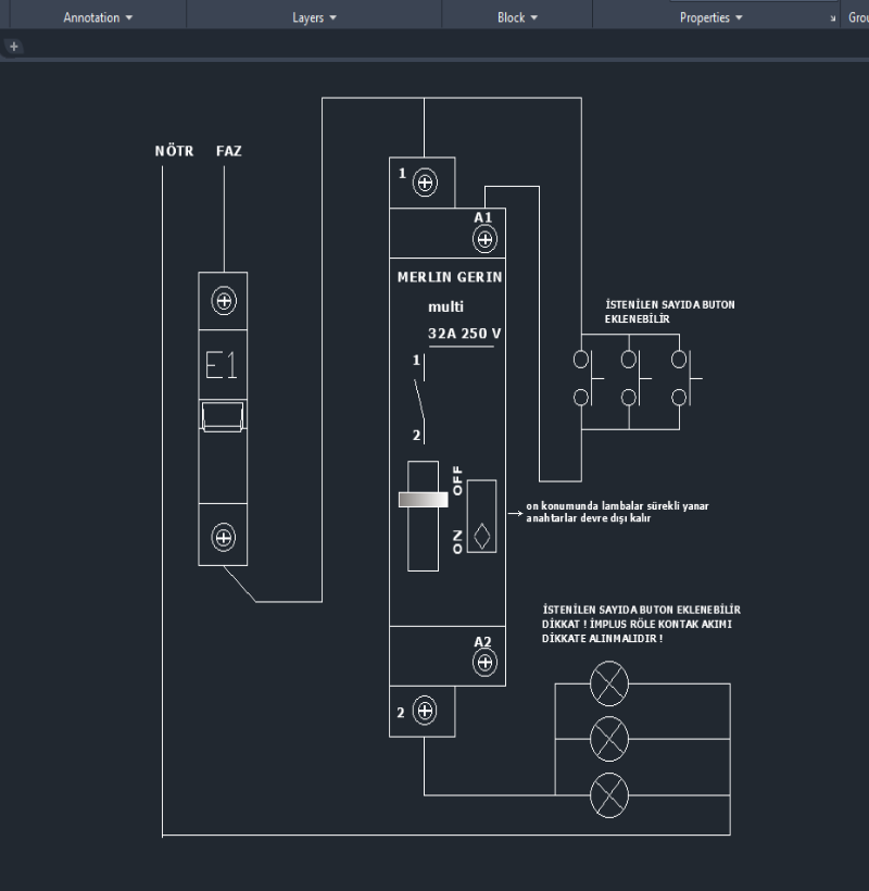 Darbe Akım Anahtarı İmpuls Röle Detaylı Baglantı Şeması