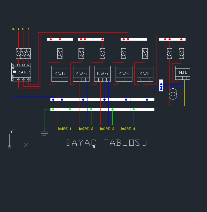 Kaçak Akım Koruma Anahtarlı 4 Daireli Sayaç Panosu Bağlantı Şeması
