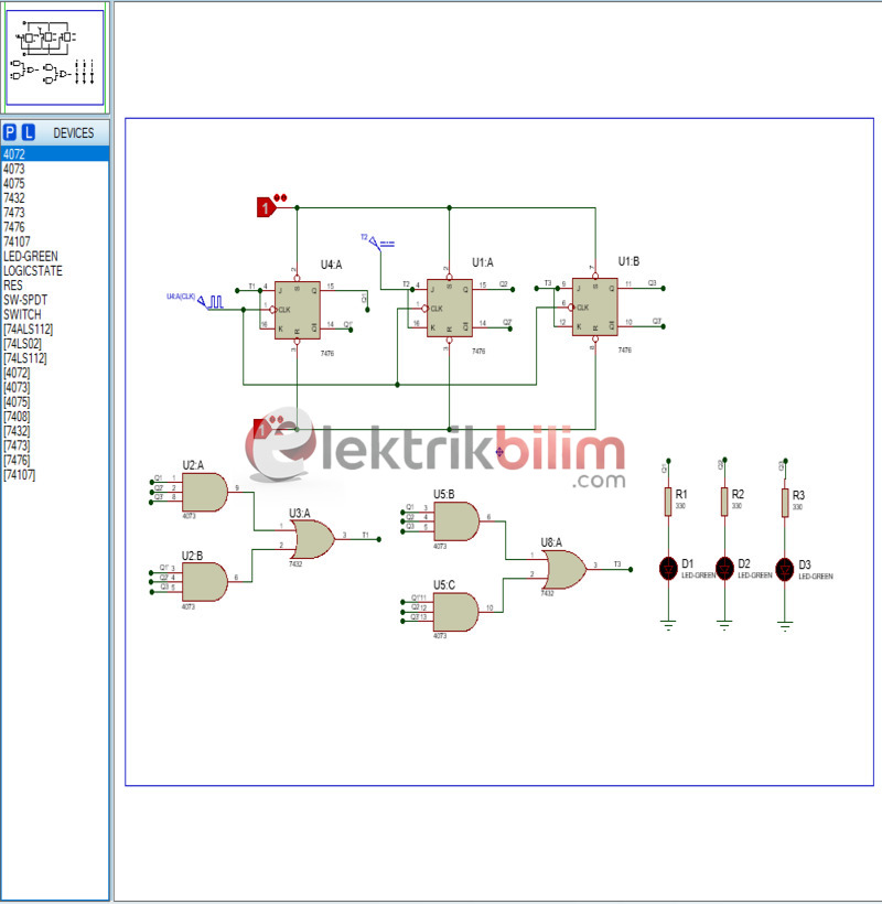 T Tipi FF ile Devre Tasarımı 0 1 2 3 Hepsi Döngüsü Lamba Uygulaması
